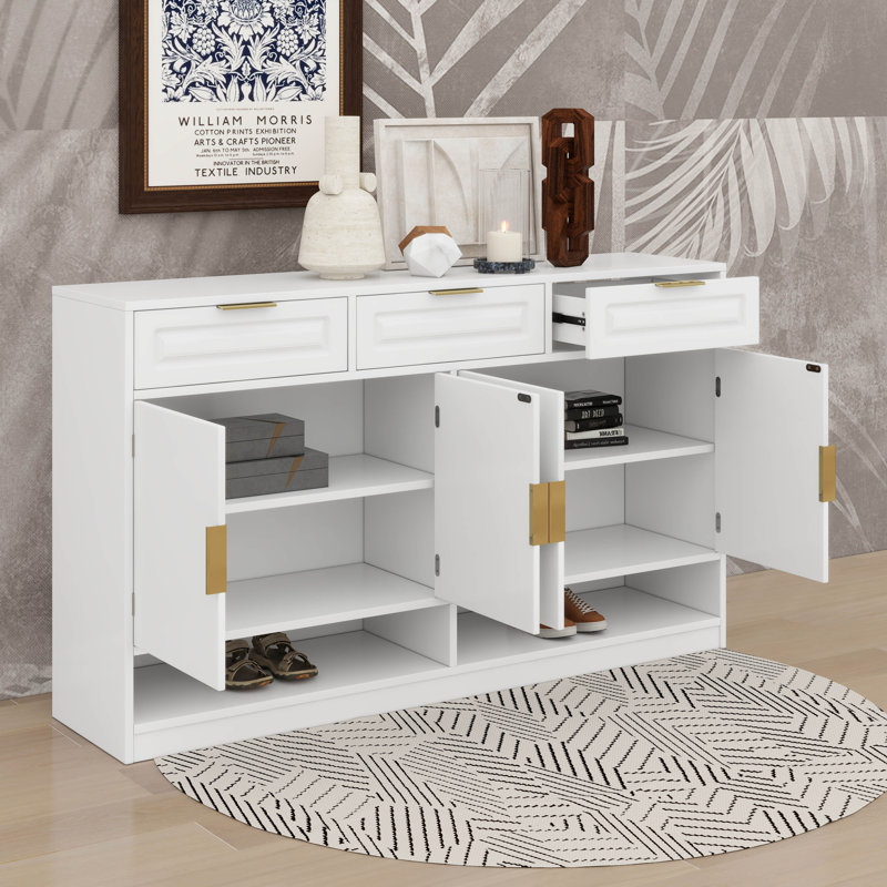 Farmhouse Sideboard With 3 Drawers & 4 Doors, Multi-Functional Storage Buffet With Adjustable Shelf And Open Storage Compartments