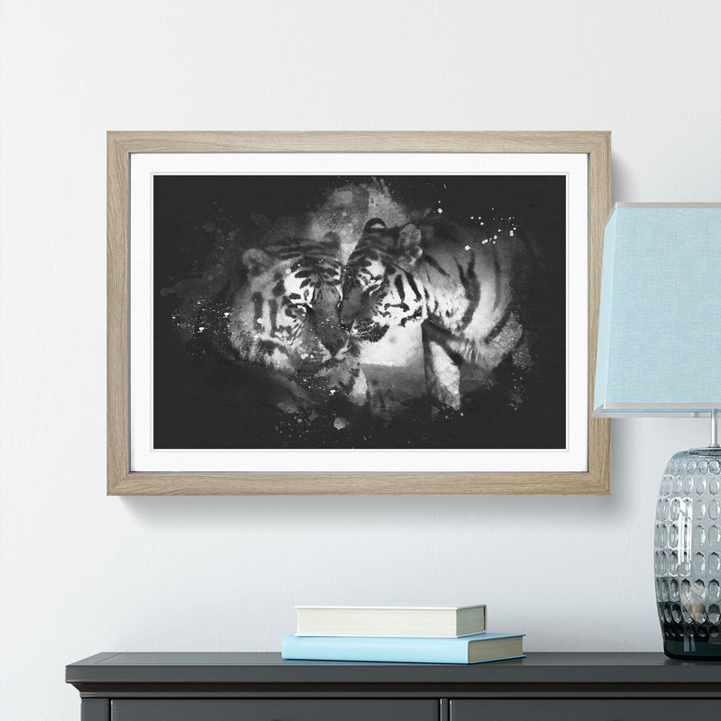 Two Snuggling Tigers - Picture Frame Graphic Art Print, 33cm H x 45cm W x 2cm D, Oak Framed