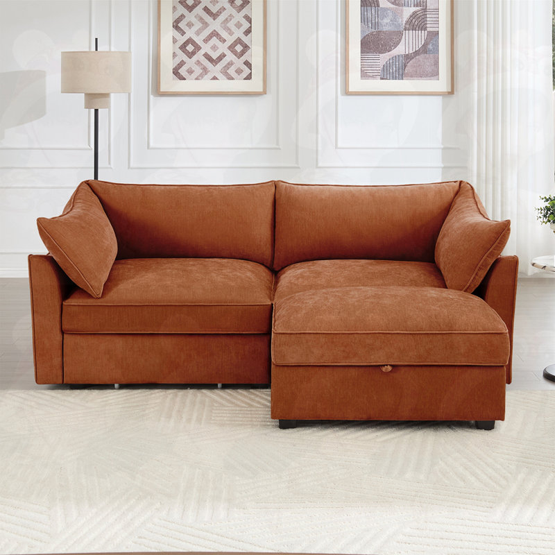 Canapé 2 places avec tiroirs de rangement coulissants et 1 repose-pieds, Orange, 2, H 31,4 po x l 78,7 po x P 56,6 po