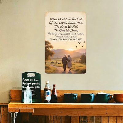 High-Quality Tin Sign Decor,  Couple Walking Sunset Path , durable, fade-resistant, easy to hang, perfect for home, kitchen, bar decor to add rustic or modern charm.