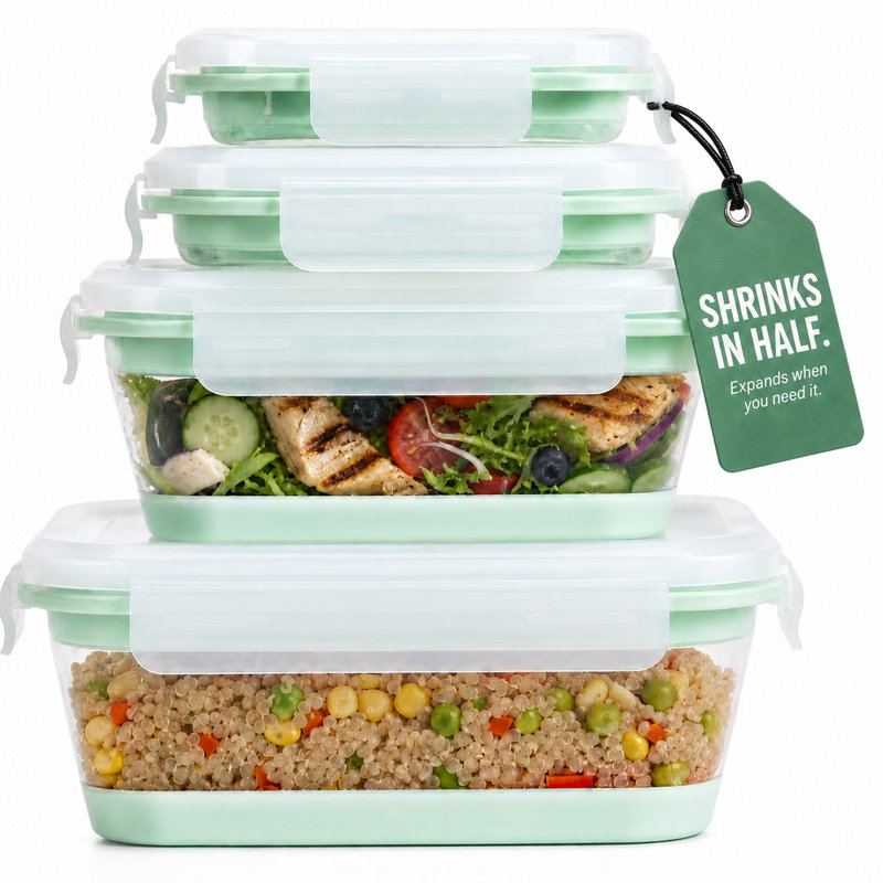Ensemble de 8 boîtes de conservation alimentaire pliables en silicone, carrées et rectangulaires, avec couvercles hermétiques à fermeture à pression.