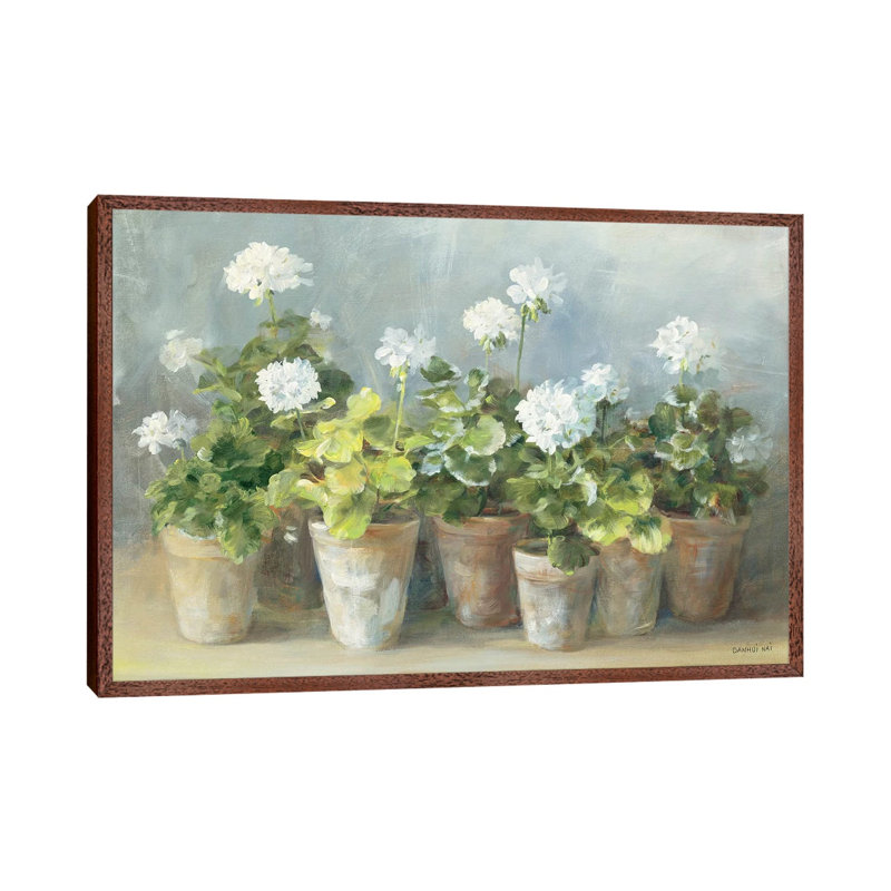 White Geraniums by Danhui Nai - Painting on Canvas, Classic Wood Floater Framed, 66.04 cm H x 45.72 cm W