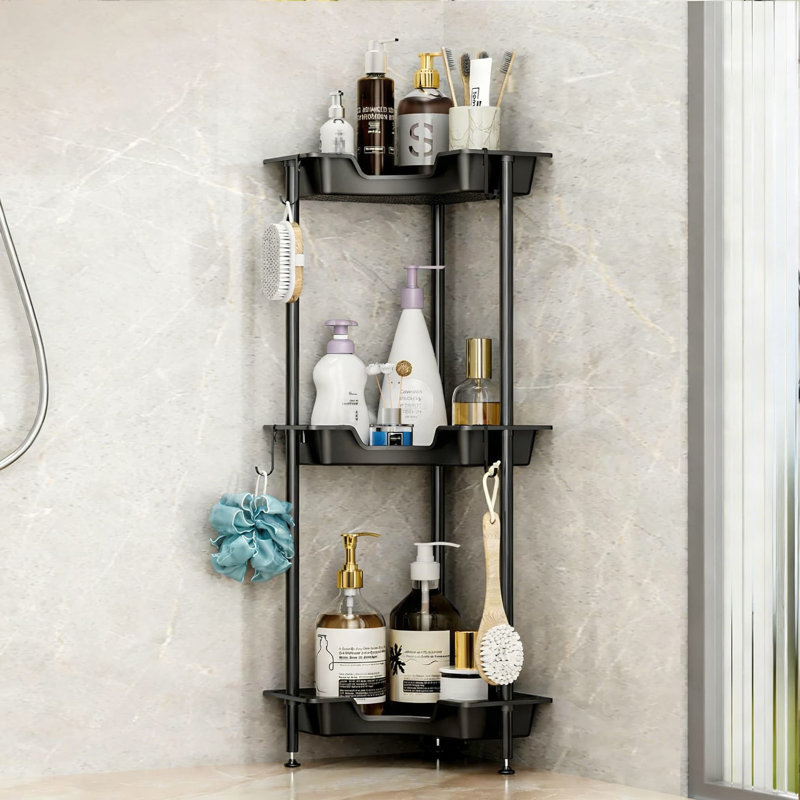 Rust-Proof 3-Tier Corner Shower Caddy With Hooks - Space-Saving Bathroom Storage Organizer, Black