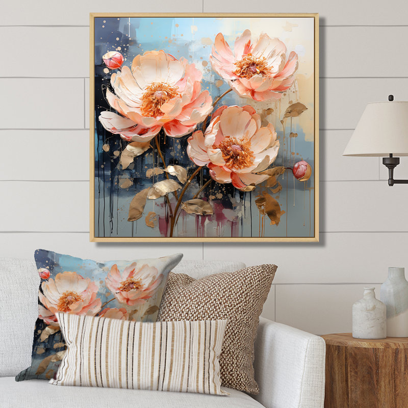 «Peach Garden Of Peony Delights», reproduction sur toile, Cadre naturel flottant, H 24 po x l 24 po