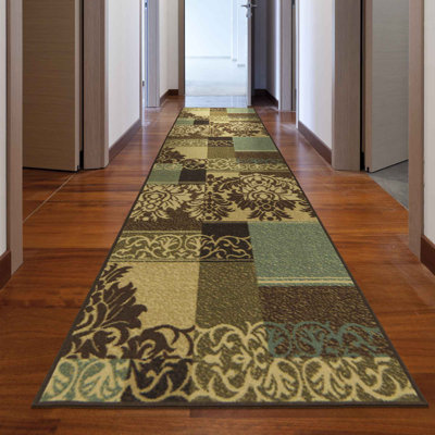 Ottohome Non-Slip Damask Area Rug for Living Room, Hallway Runner, Entryway Rug,  Brown/Green