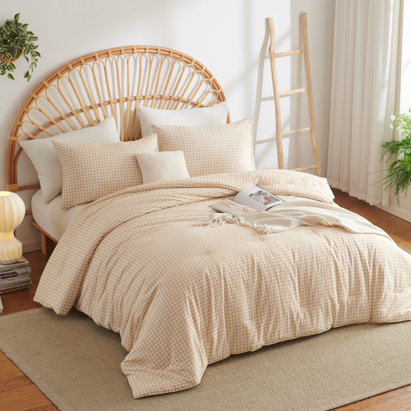 Ensemble d'édredon Gingham Ensemble d'édredon écossais de style moderne 100% microfibre lavée Boho, Beige