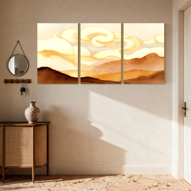 Abstrait paysage désertique avec nuages et lumière du soleil, ensemble de 3 reproductions d'art sur toile, H 24 po x l 48 po