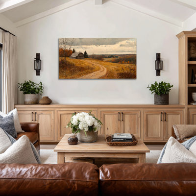 Fall Landscape Wall Art - Autumn Scenery Fall Pictures Wall Decor, Vintage Farmhouse Painting for Living Room, Barn Artwork Prints for Home Decoration, Frame Wrapped Canvas, 16×32 inches