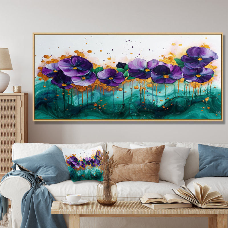 Lavande, pensées sur encre émeraude II - pensées, art mural, H 28 po x l 60 po, Impression encadrée flottante, Brun