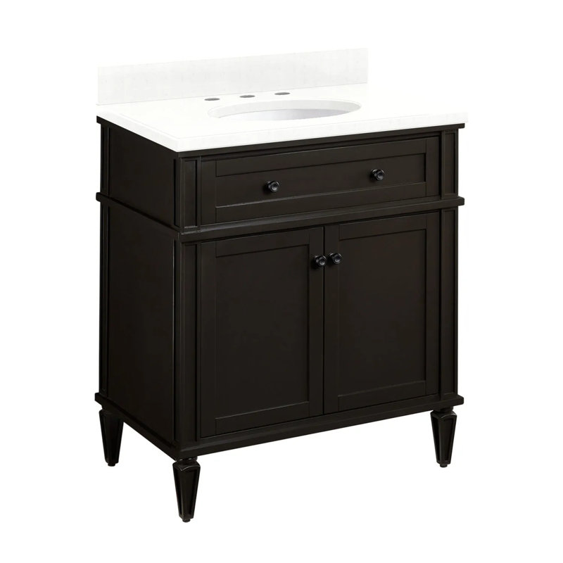 Ensemble de meuble-lavabo simple 30 "avec lavabo encastré ovale Elmdale, Quartz blanc plume, Brun antique, 8 po