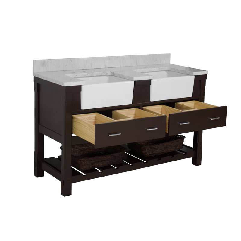 Ensemble de meuble-lavabo double 60 po Hitton, Chocolat, Marbre de Carrare