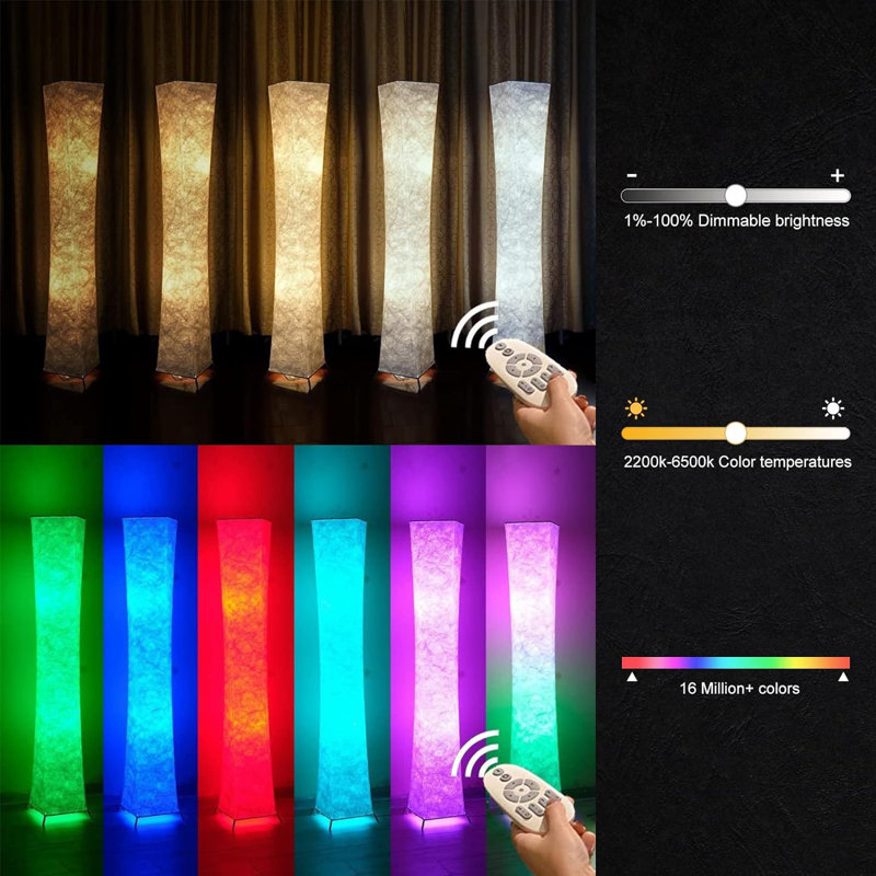 Soft Light Floor Lamp, 52" Twist RGB Color Changing Tyvek Fabric Shade Dimmable Remote Control And 2 Smart LED Bulbs For Livingroom