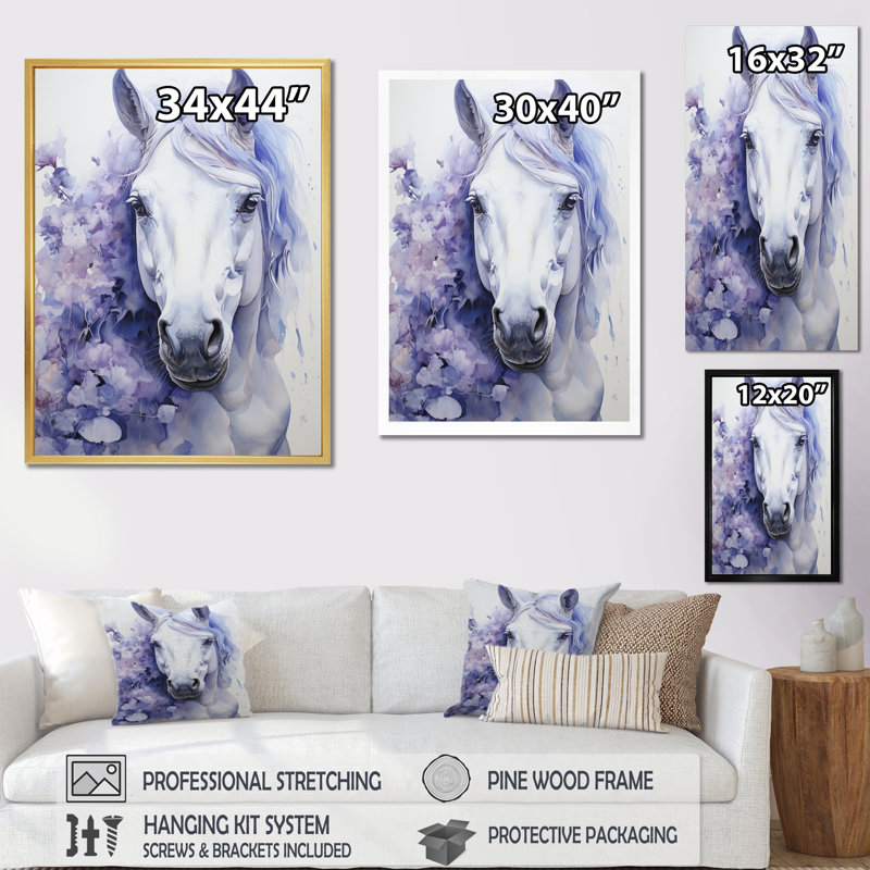 «Purple White Horse Contours Pointillism», reproduction sur toile, H 32 po x l 24 po x P 1 po, Cadre flottant noir