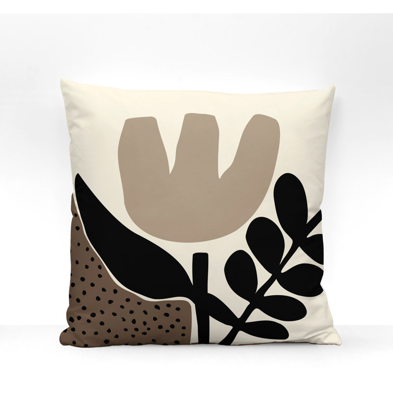Coussin intérieur / extérieur en polyester filé Miso, 15 po x 15 po, Beige / blanc cassé / noir