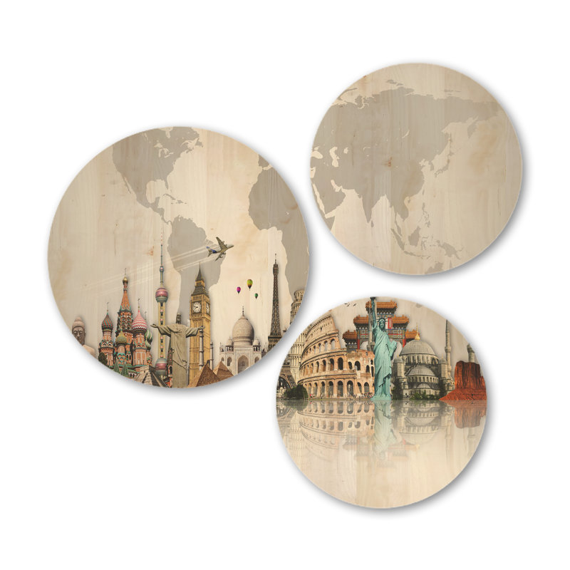«Famous Monuments Across World» par Designart, ensemble d'art mural en bois de 3 cercles