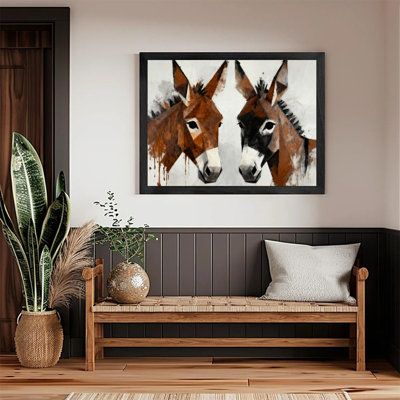 Black Framed Donkey Portrait Art, Warm Rustic Animal Painting Framed Prints