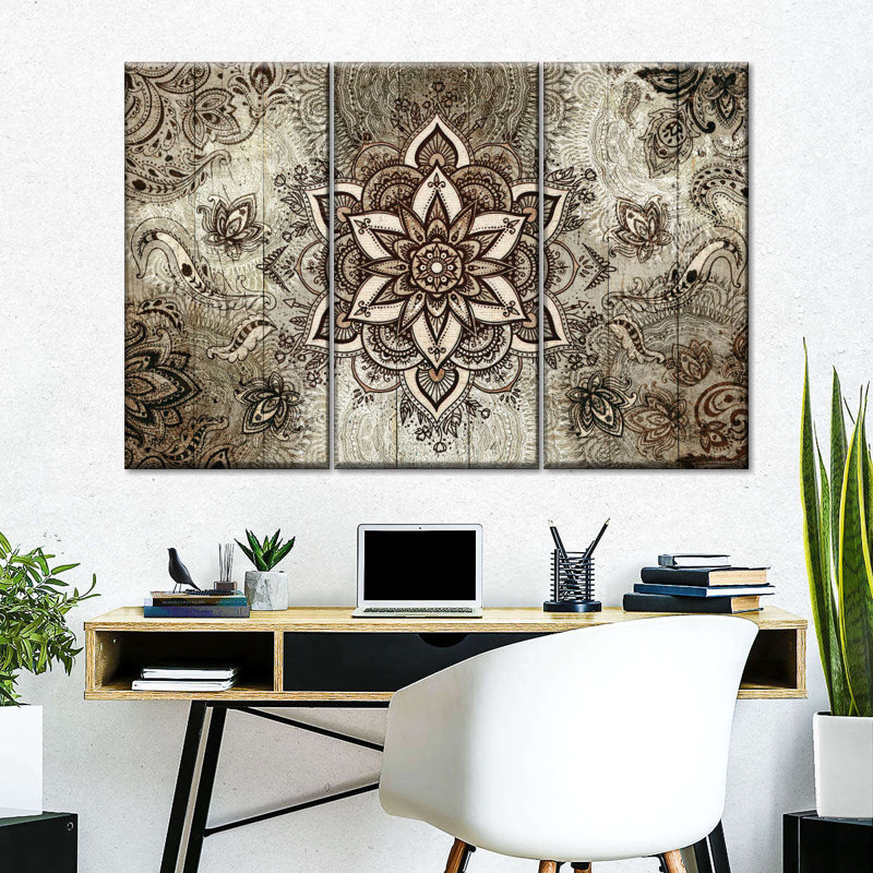 Ensemble de 3 pièces mandala sur bois brun sur toile, H 24 po x l 38 po x P 1,25 po