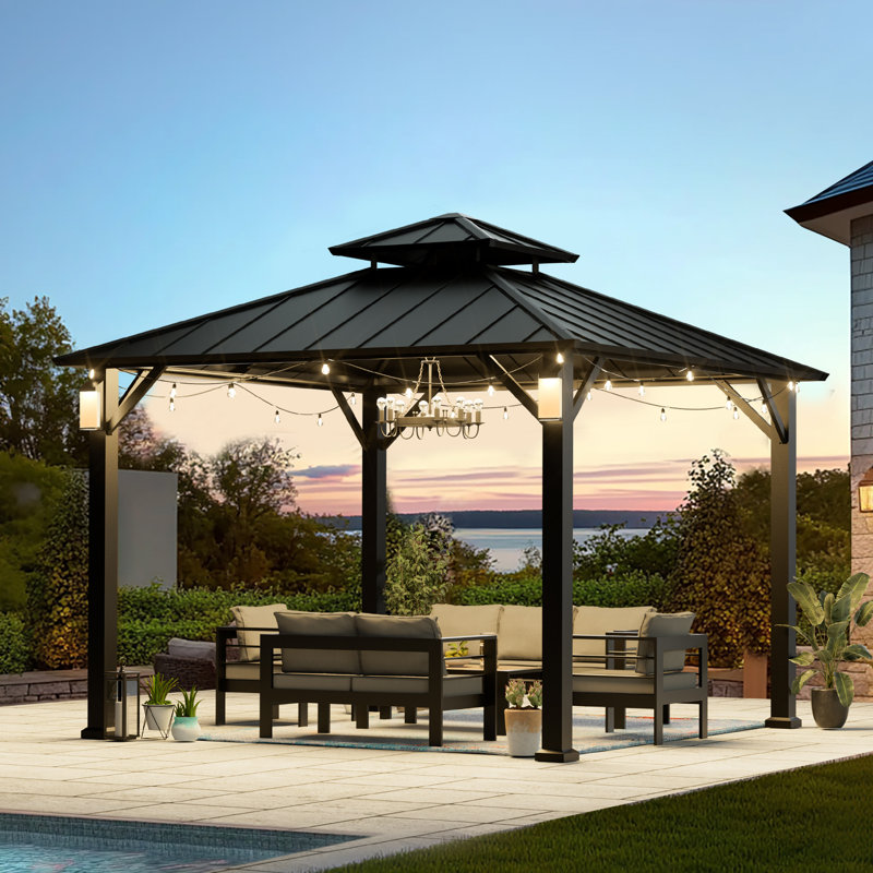 Harlem 10 Ft. W x 10 Ft. D Steel Double Tier Hard Top Gazebo with LED Lights per Post