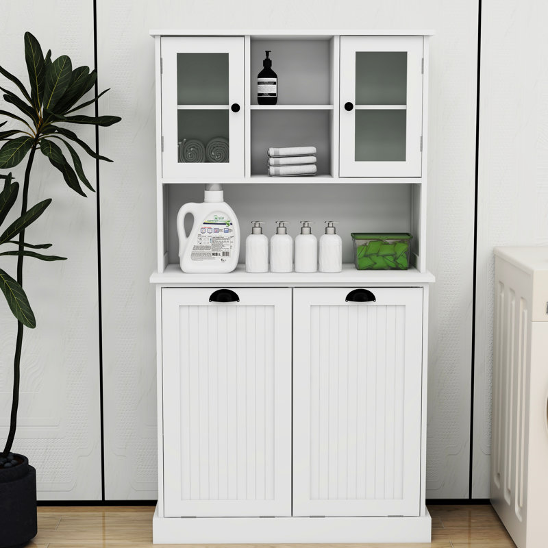Armoire à linge à la mode en blanc - Deux compartiments inclinables avec tablettes réglables, Blanc