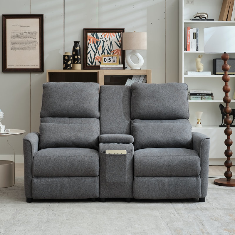 Causeuse inclinable manuelle avec console centrale et porte-gobelets pour le salon, Lin gris