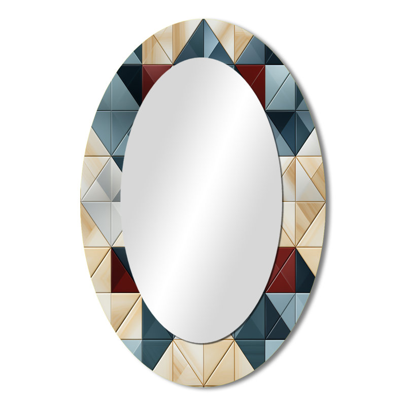 Blue And Grey Cubic Angularity - White Oval Wall Mirror Decor, 36 "x 24"