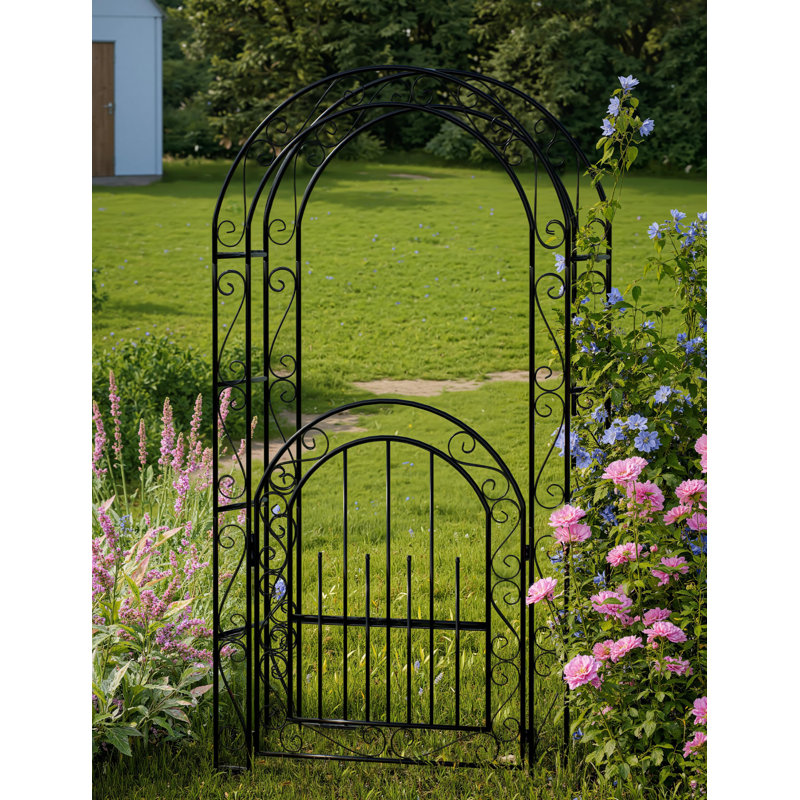 7 FT Classic Black Garden Arch with Gate   Sturdy Metal Wedding Arbor for Climbing Roses Vines and Flowers Elegant Steel Archway for Patio Lawn or Backyard Decor