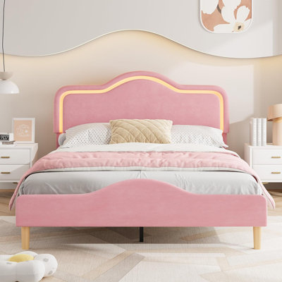 Full Size Pink Velvet Princess Upholstered LED Platform Bed Frame With Adjustable Headboard And Footboard Wooden Slats Support No Box Spring Needed Easy Assembly For s Girls