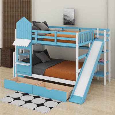 Full-Over-Full Castle Style Bunk Bed With 2 Drawers And 3 Shelves, Wood Bunk Bed Frame With Slide And Storage Staircase