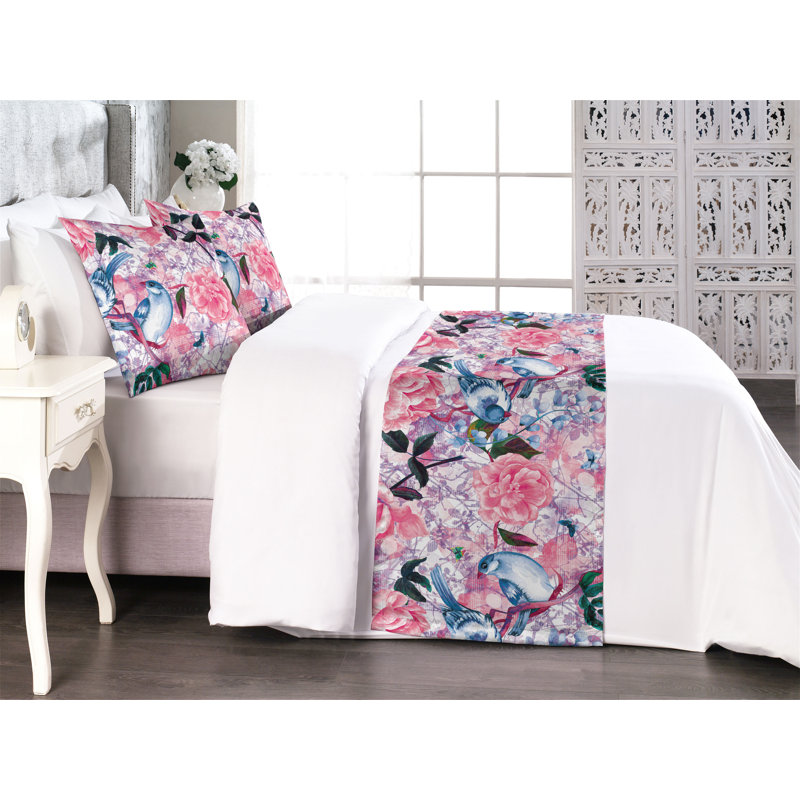 Ambesonne Vintage Birds Bed Runner Set Dreamy Aura Print Hot Pink and Pale Blue, King