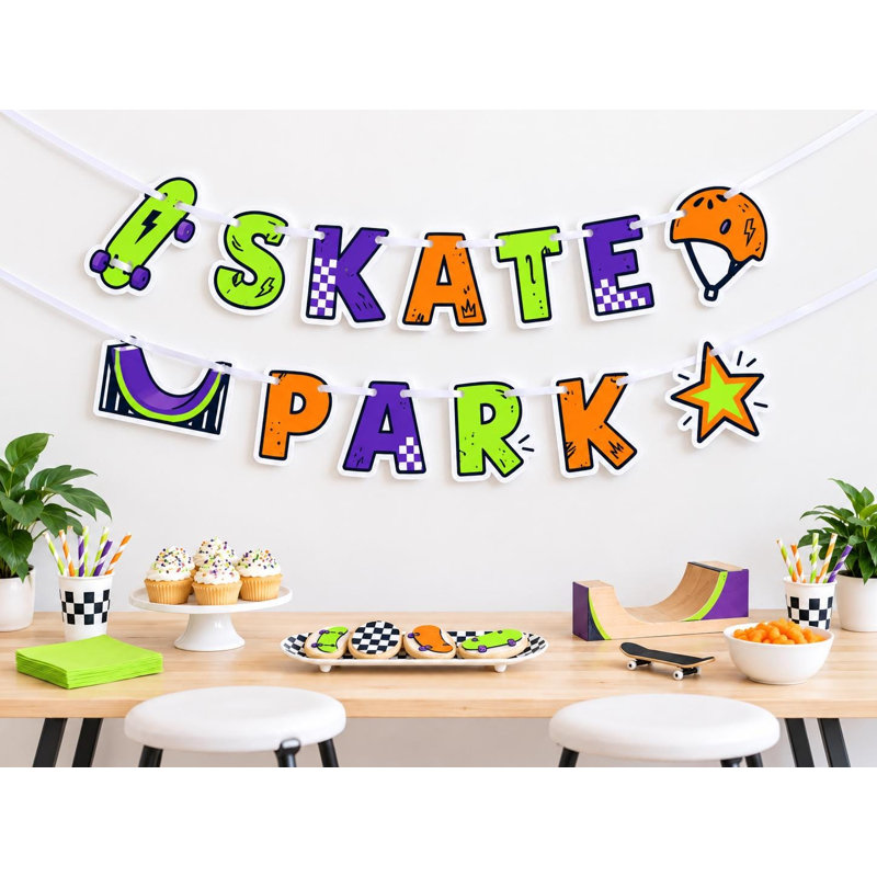 Skate Park Birthday Banner, Lime Purple Skateboard Party Garland, Cardstock Half Pipe Decor