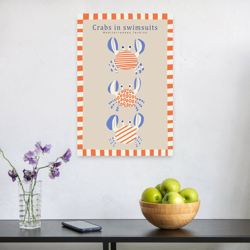 Cute Crabs In Swimsuits Playful Whimsical Crab Coastal Wall Art Print 1 Piece Wrapped Canvas Wall Art, 60.96cm H x 40.64cm W