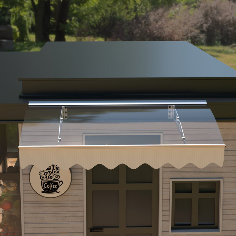Auvent de porte d 34 po fait de feuille de polycarbonate solide pratiquement en cristal de 0,137 pouce / 3,5 mm d'épaisseur avec cantonnière en polyester pour maison en bois.