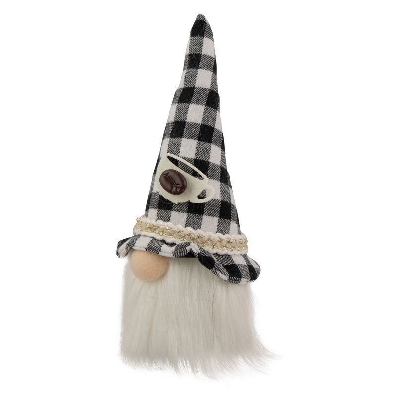 8.25" Gingham Pattern Coffee Gnome, Brown/Gray