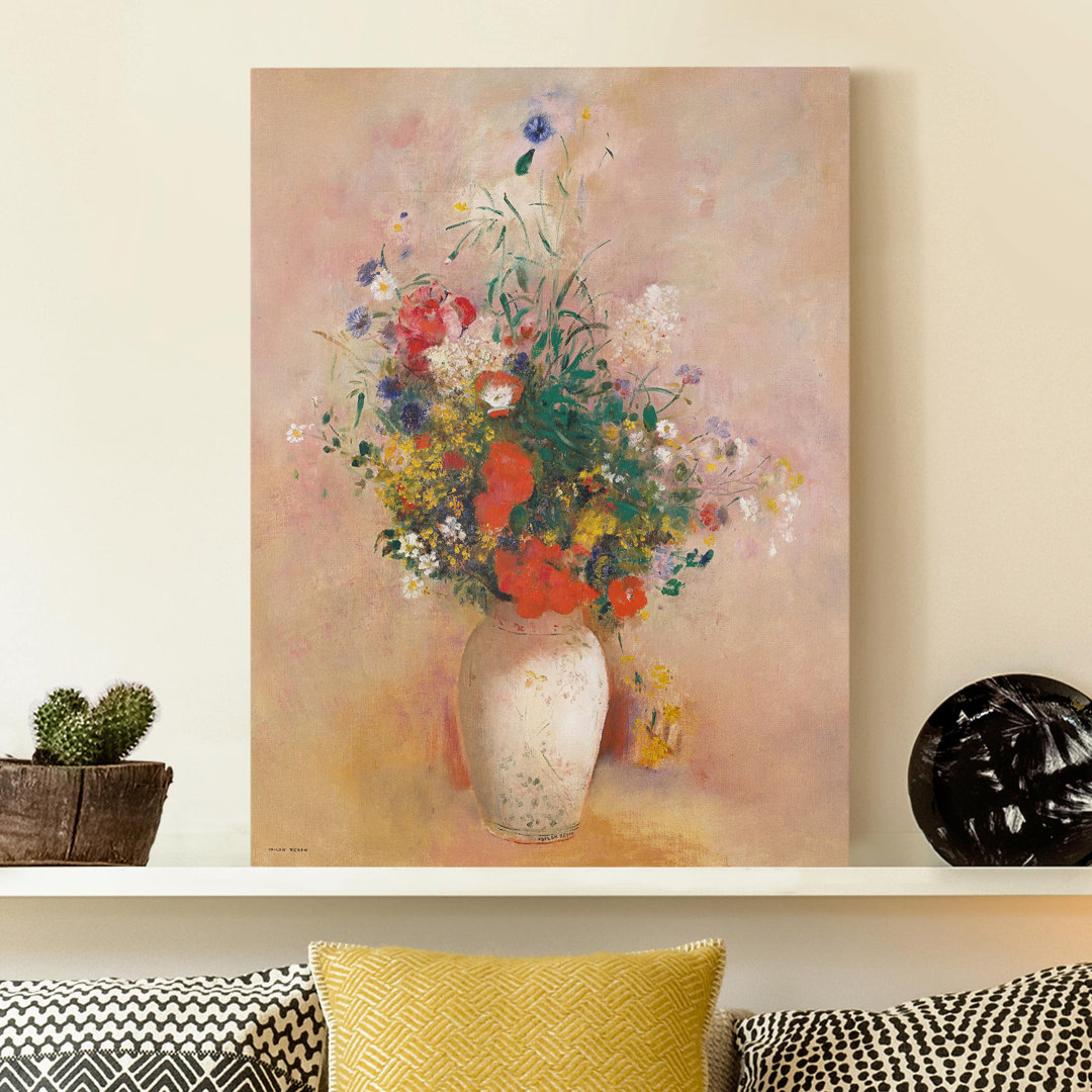 Leinwandbild Vase mit Blumen (Rosenfarbener Hintergrund) von Odilon Redon