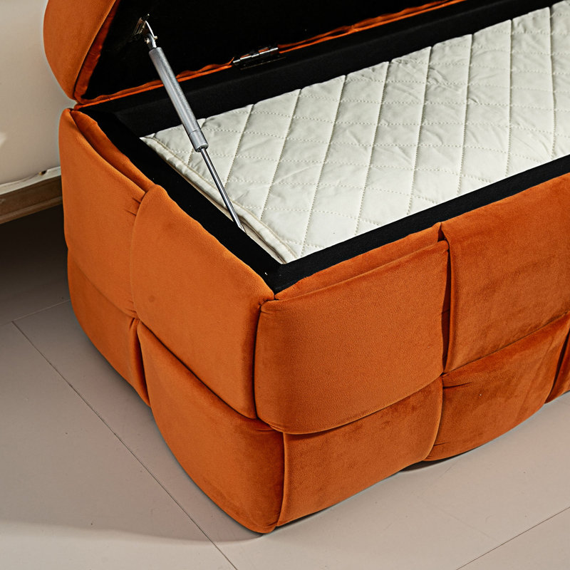 Pransh Velvet Upholstered Storage Bench, Orange