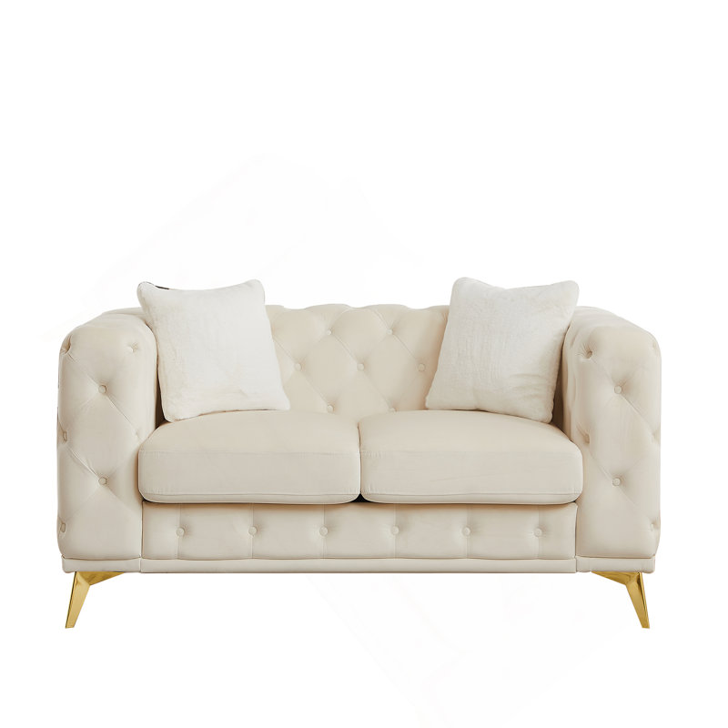 61.25-Inch Modern Luxury Velvet Sofa With Chesterfield Button Tufting And Metal Legs, Includes Two Decorative Pillows., Beige