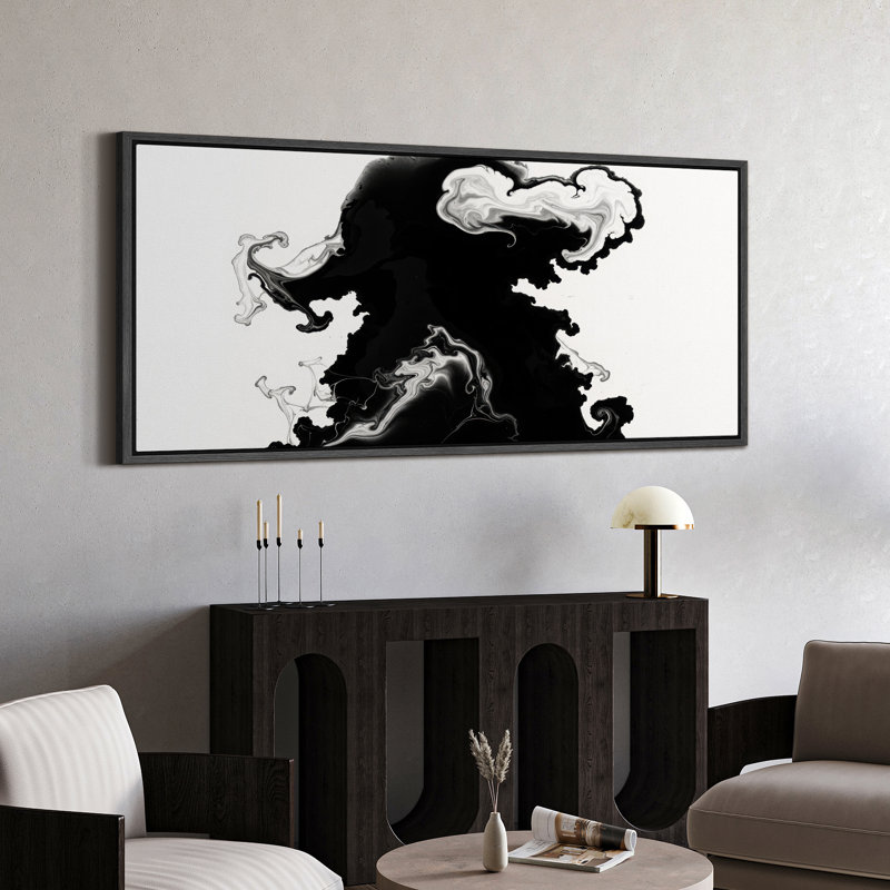 Art abstrait abstrait encadré à l'encre noire et blanche, Noir, H 30 po x l 60 po