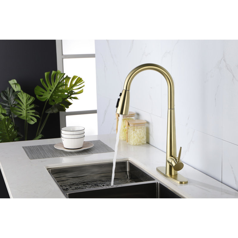 Pull Down Spray Kitchen Faucet In Golden Hue - , Deck Mounted Single Hole, 360 Turning Head, Stainless Gold Out Fingerprint-, Mount Rotating Flow Nozzle, Quality
