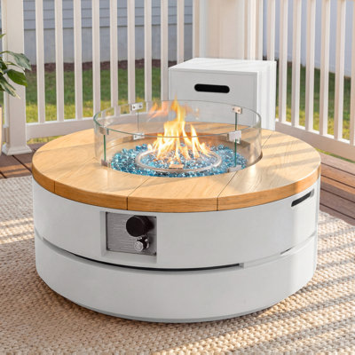 Foyer de table rond au propane en béton de 38 pouces avec couvercle de réservoir et pare-vent, blanc
