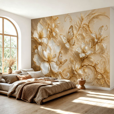 Papier peint adhésif autocollant amovible à motif floral blanc or et papillons décoratifs pour salon H 69 po x l 96 po