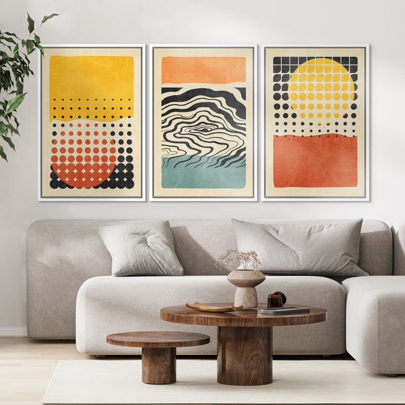 «Abstract Vibrant Color Blocks» Mid-Century Colorful Polygon Collage Abstract Geometric - 3 pièces, ensemble d'art graphique sur toile flottante