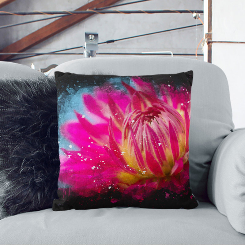 The Pink Flower Paint Splash Square Throw Cushion, 40cm H x 40cm W x 15cm D