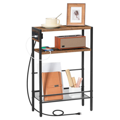 Small Narrow Side Table With Charging Station, Slim Nightstand With USB Ports Outlet, Sofa Beside Table With Storage Shelf,(Rustic Brown And Black) by 17 Stories