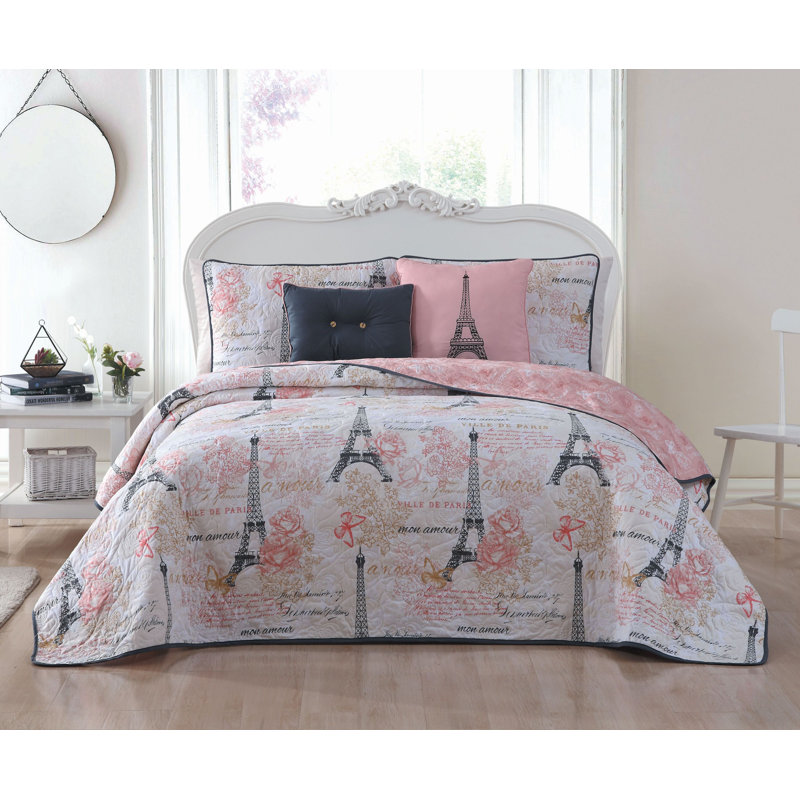 Amour Polyester Toile Quilt, Pink, King Quilt + 2 Shams + Throw Pillow