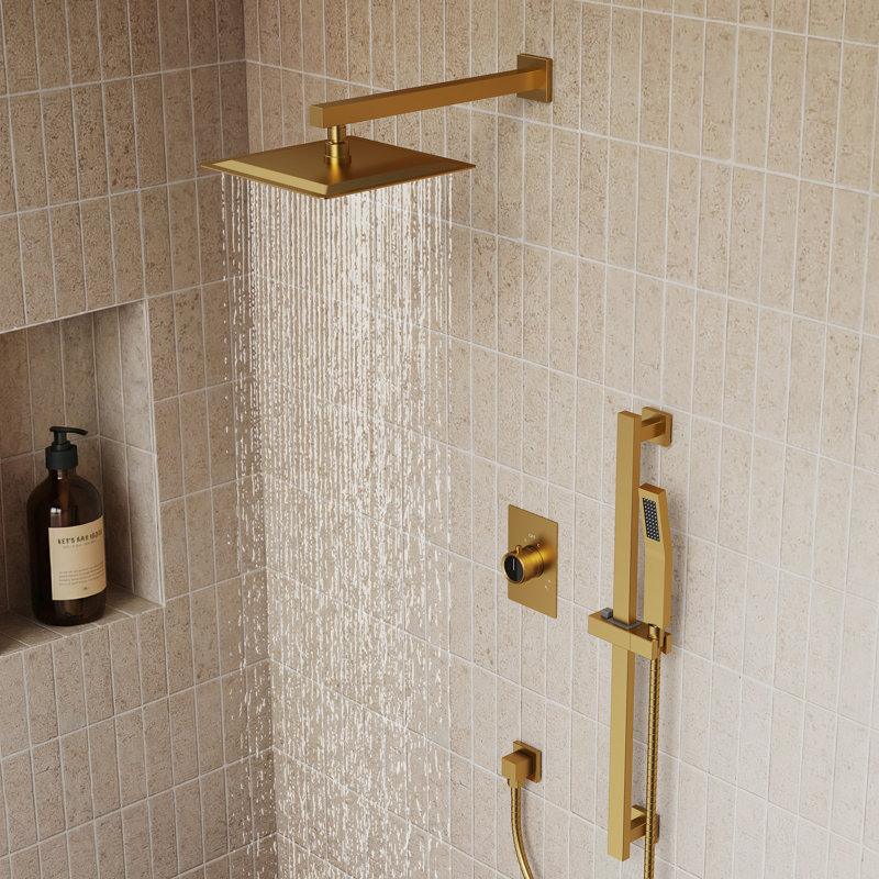 Système de douche complet à pression équilibrée, pomme de douche à pluie 10 po avec douchette, barre coulissante, Or brossé