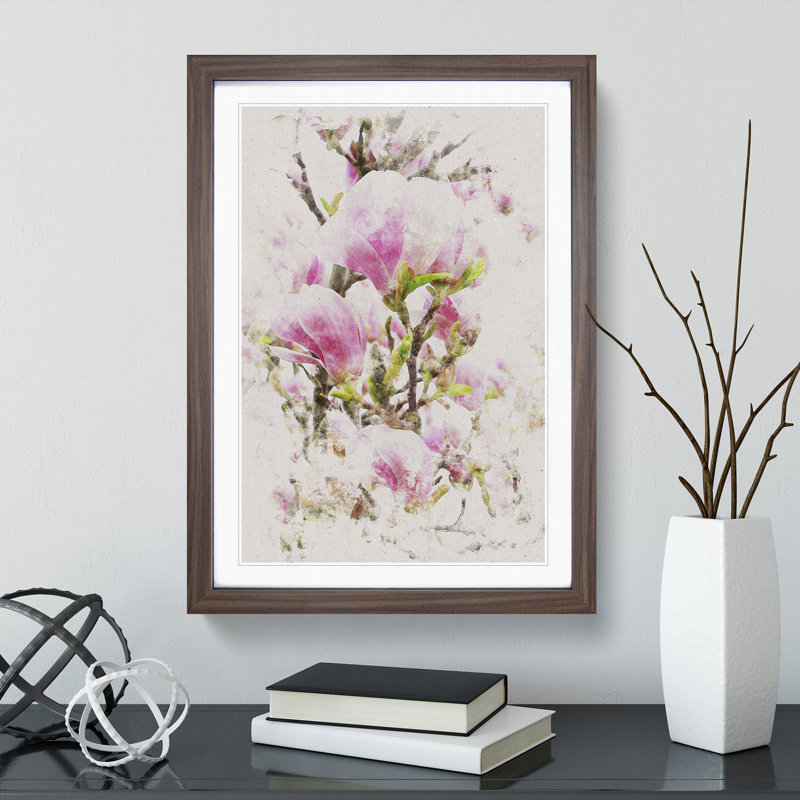 Pink Magnolia Blossom Flowers - Framed Print, 48cm H x 36cm W x 2cm D, Walnut Framed