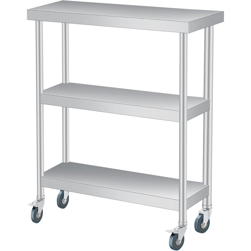 Stainless Steel Table, 14 x 24 Inch, 3-Tier Metal Prep Table with 2 Lockable Wheels, Undershelf, Commercial Kitchen Utility Workstation for Restaurant, Hotel, Laundry, Garage, Indoor, Outdoor, BBQ