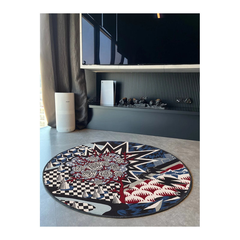 Black And White Colorful Checkerboard Abstract Geometric Round Woven Floor Carpet, Round 3'4"