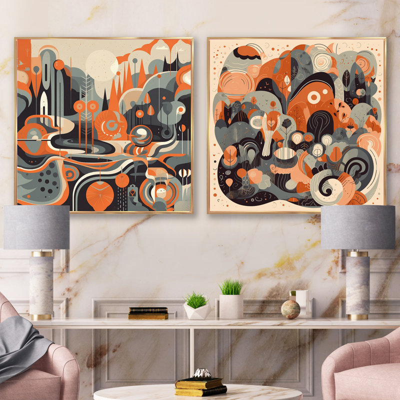 Evolving Abstractions - Ensemble de 2 collages carrés modernes Mid-Century, Cadre flottant doré, H 36 po x l 73 po