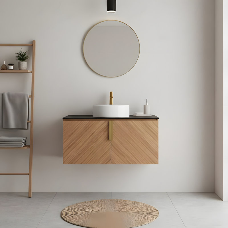 Bathroom vanity with sink, featuring a white round ceramic basin